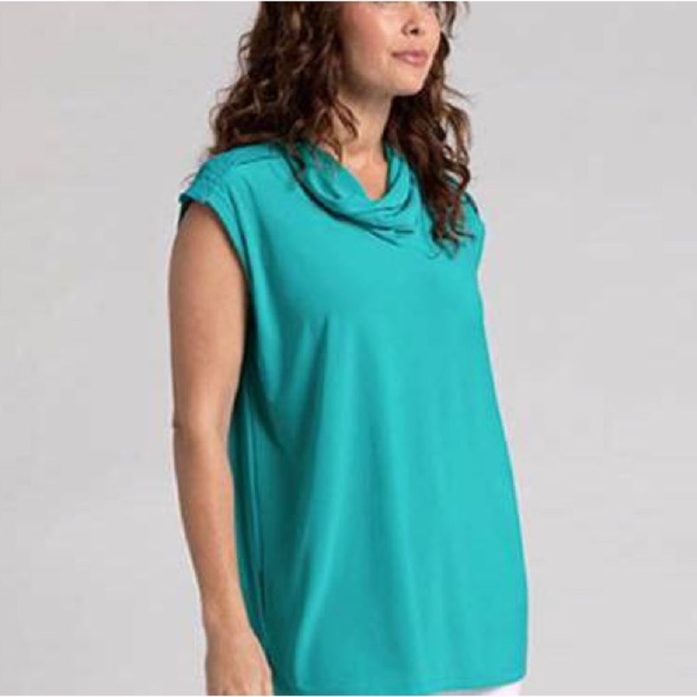 Sympli Convoy Funnel Neck Top Women 18 Teal Gem Sleeveless NWT Made Canada 21220